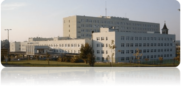 Duży szpital publiczny na tle metropolii